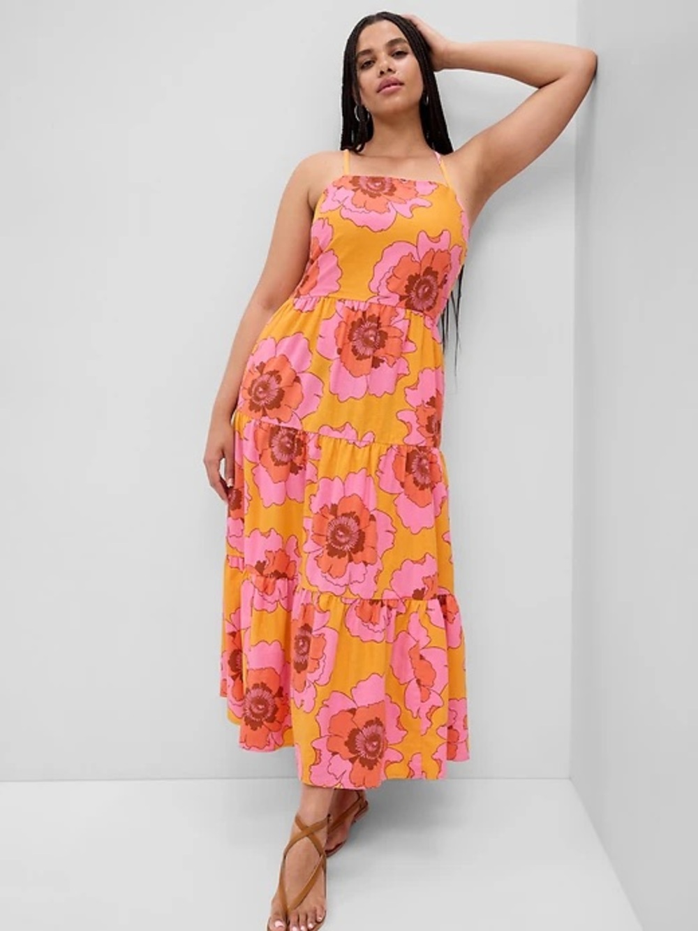 GAP Sz S Linen Blend Floral Pink Orange Vacation Tiered Summer Midi Dress